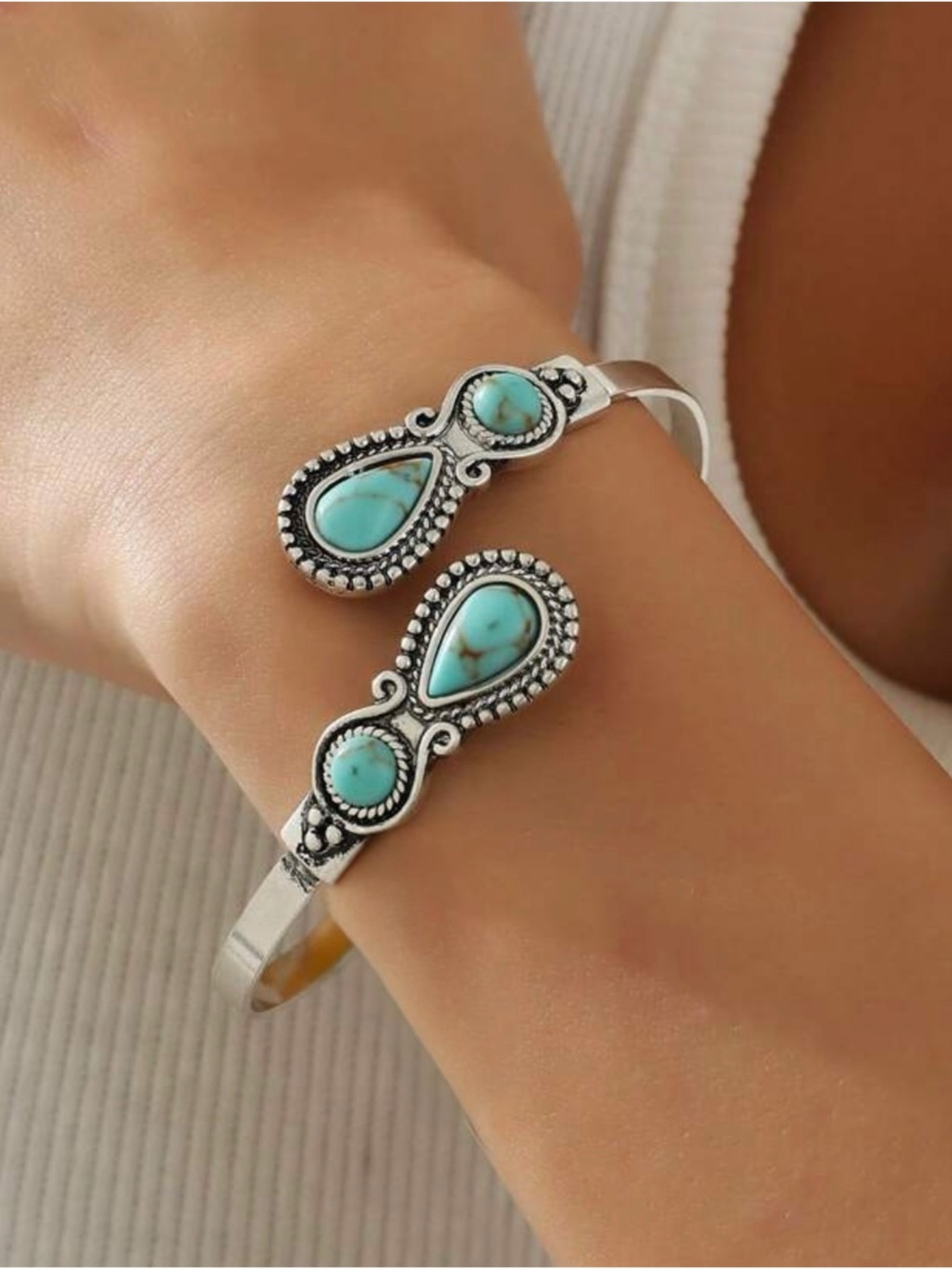 Silver-Tome Open Cuff Bracelet with Turquoise Teardrop Stones